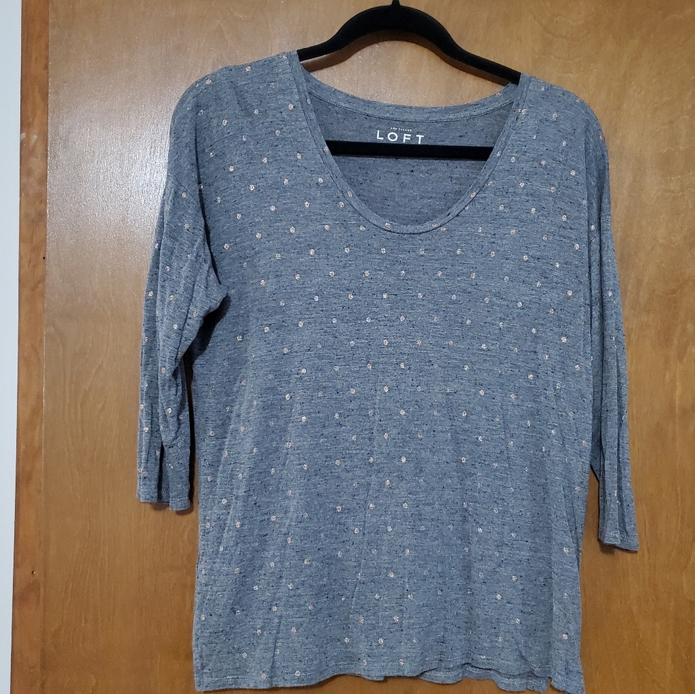 LOFT Petites Gray with Rose Gold Polka Dots Top